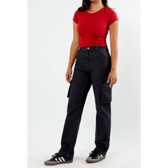 Pacsun Stretch Dad Jeans Black Cargo Size 24 High Rise Relaxed Fit NWT - Picture 1 of 9
